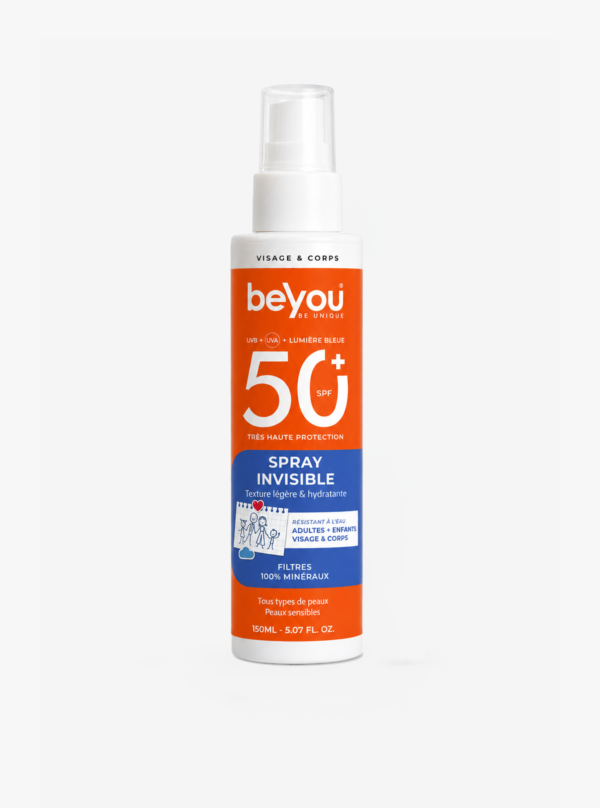 SPRAY SOLAIRE MINÉRAL INVISIBLE SPF50+ / ADULTES & ENFANTS – 150ml